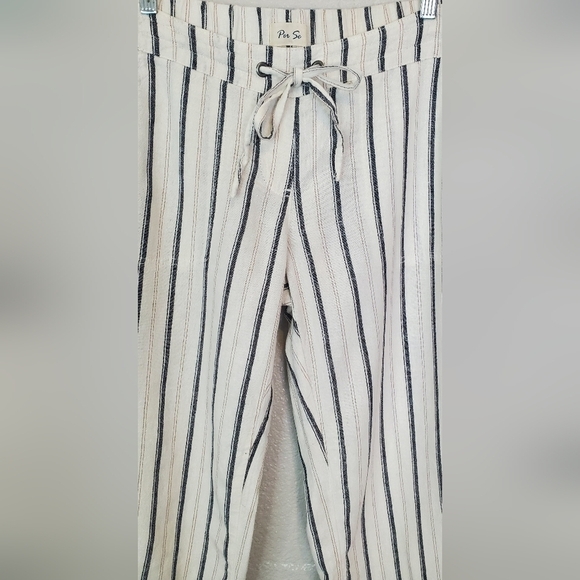 💚5/$25 Per Se Linen Blend Striped Cream & Navy Wide Leg Casual Pants Size Small - Picture 2 of 8